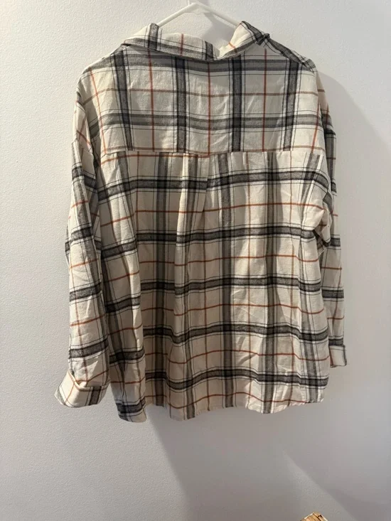 SHEIN Cream Plaid Button-Up Shirt with Black & Rust Lines - Picture 3 of 3